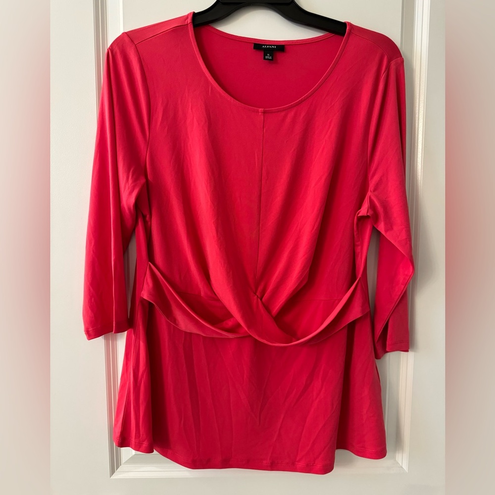 #z1315 Alfani 3/4 Sleeve Crossover Waist Accent Jersey Knit Blouse Flamenco Pink